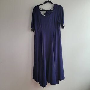 Pheeta XXL navy blue maxi dress gold trim tassel details full skirt short sleeve